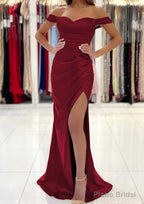 Trumpet/Mermaid Off-the-Shoulder Short Sleeve Long/Floor-Length Satin Prom Dresses With Pleated Split