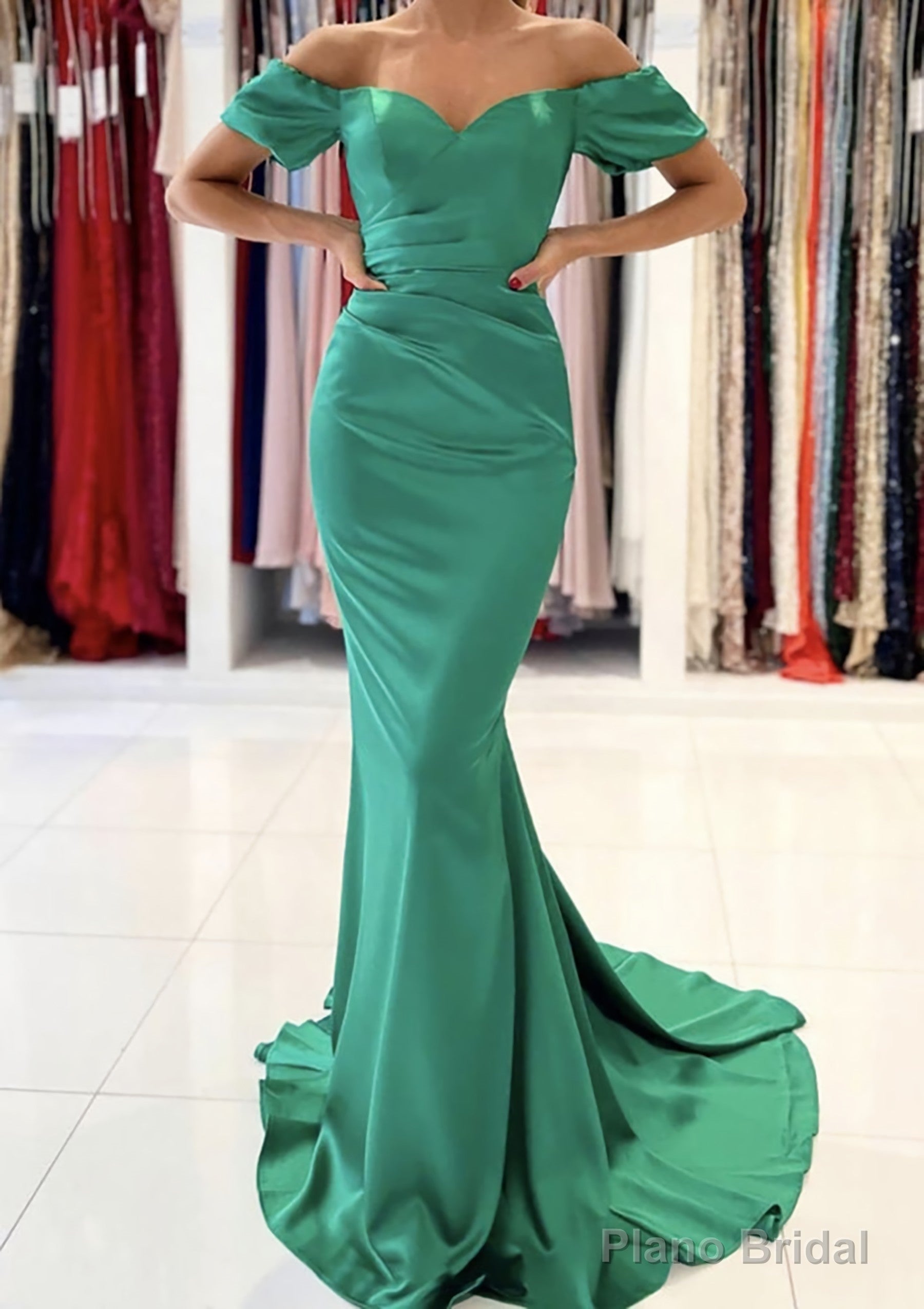 Trumpet/Mermaid Off-the-Shoulder Short Sleeve Satin Sweep Train Prom Dresses With Pleated Main image