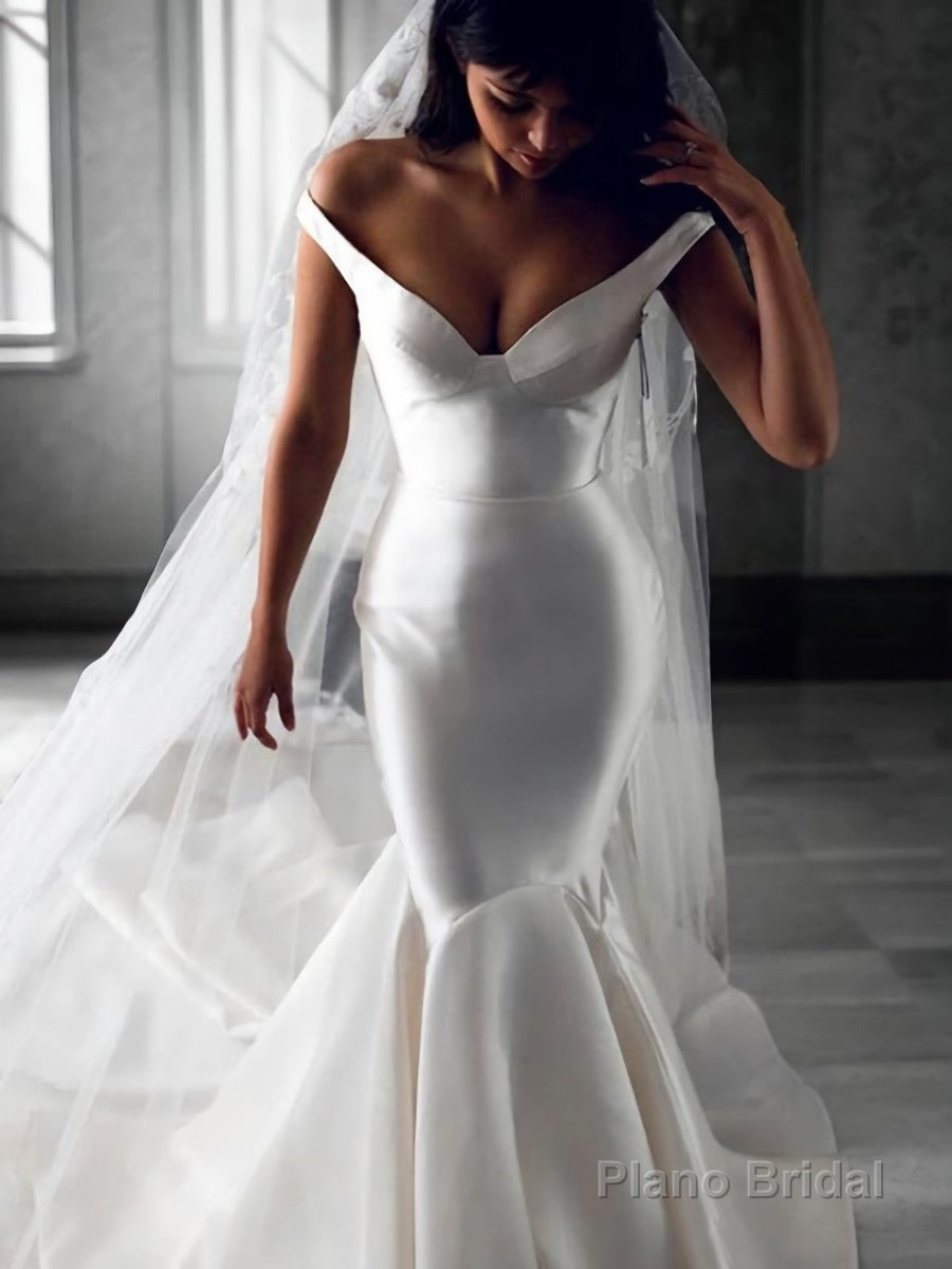 Trumpet/Mermaid Off-the-Shoulder Sweep Train Satin Wedding Dresses