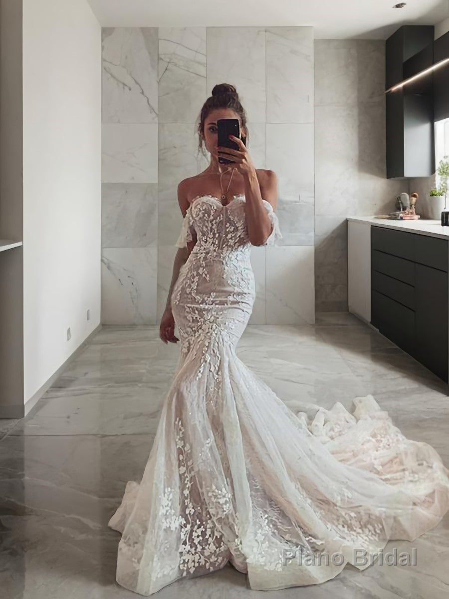 Trumpet/Mermaid Off-the-Shoulder Sweep Train Tulle Wedding Dresses With Appliques Lace Main image