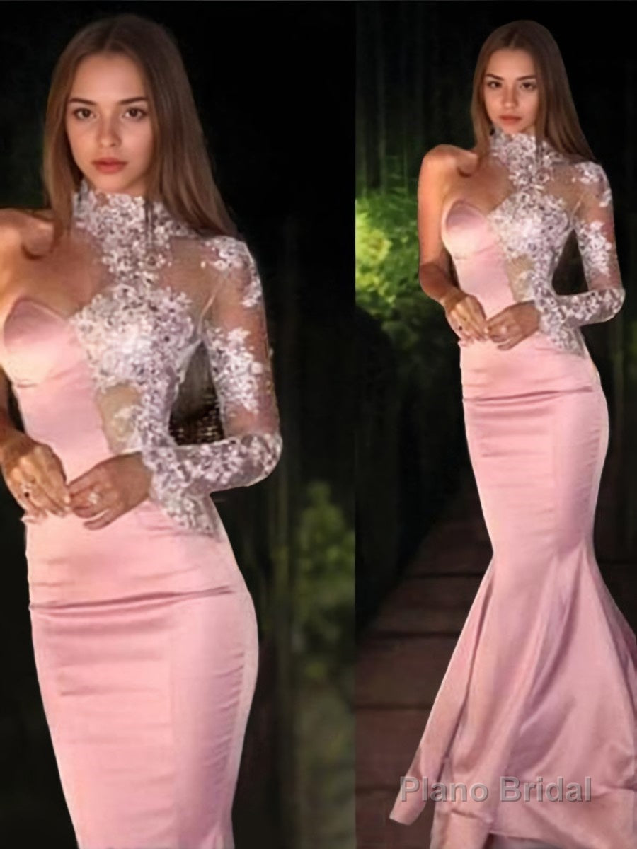 Trumpet/Mermaid One-Shoulder Sweep Train Elastic Woven Satin Prom Dresses With Appliques Lace Main image