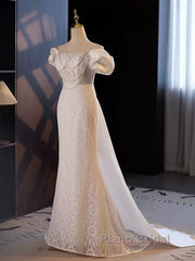 Trumpet Mermaid Puffy Sleeves  Wedding Dresses With Detachable Train