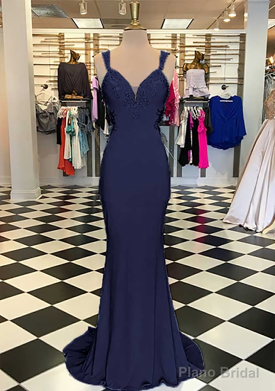Trumpet/Mermaid Scalloped Neck Sleeveless Sweep Train Elastic Satin Prom Dresses With Appliqued Secondary image