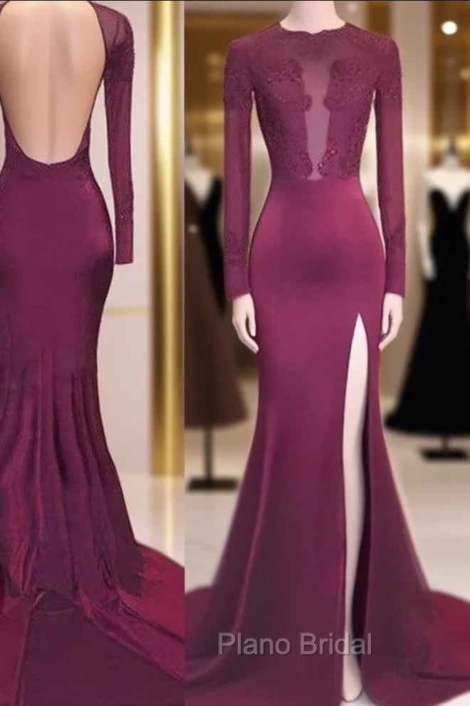 Trumpet/Mermaid Scoop Satin Long Sleeves Applique Sweep/Brush Train Dresses