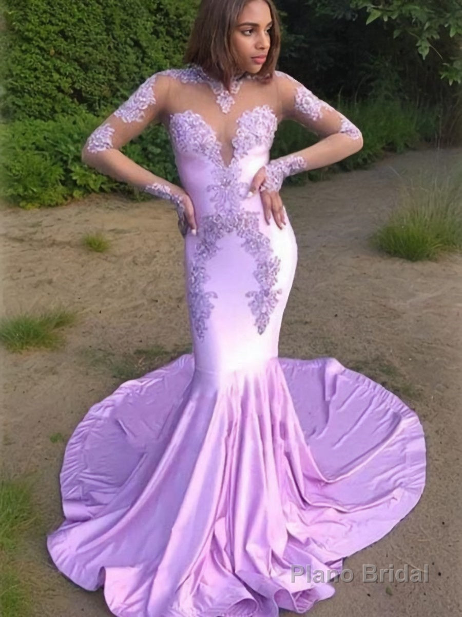 Trumpet/Mermaid Scoop Sweep Train Jersey Prom Dresses With Appliques Lace Main image