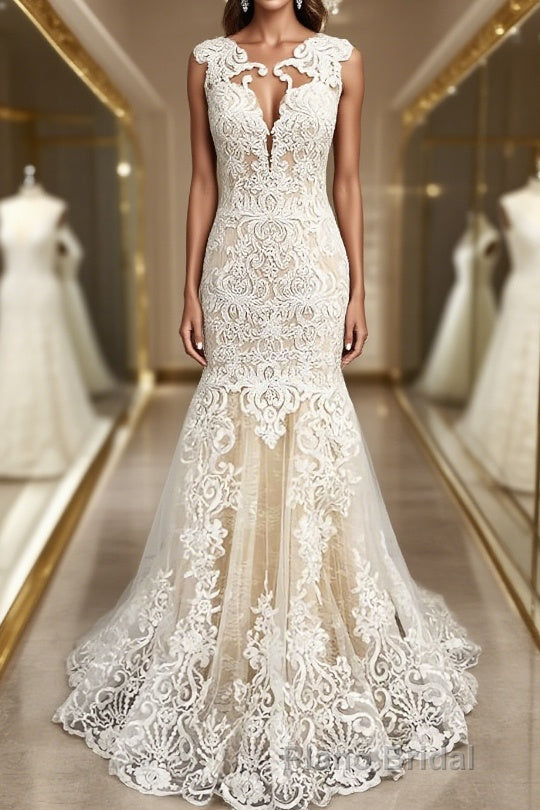 Trumpet/Mermaid Scoop Sweep Train Tulle Wedding Dresses With Appliques Lace Main image