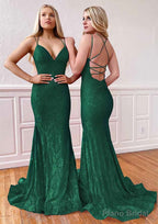 Trumpet/Mermaid Sleeveless Sweep Train Lace Prom Dresses With Pleated