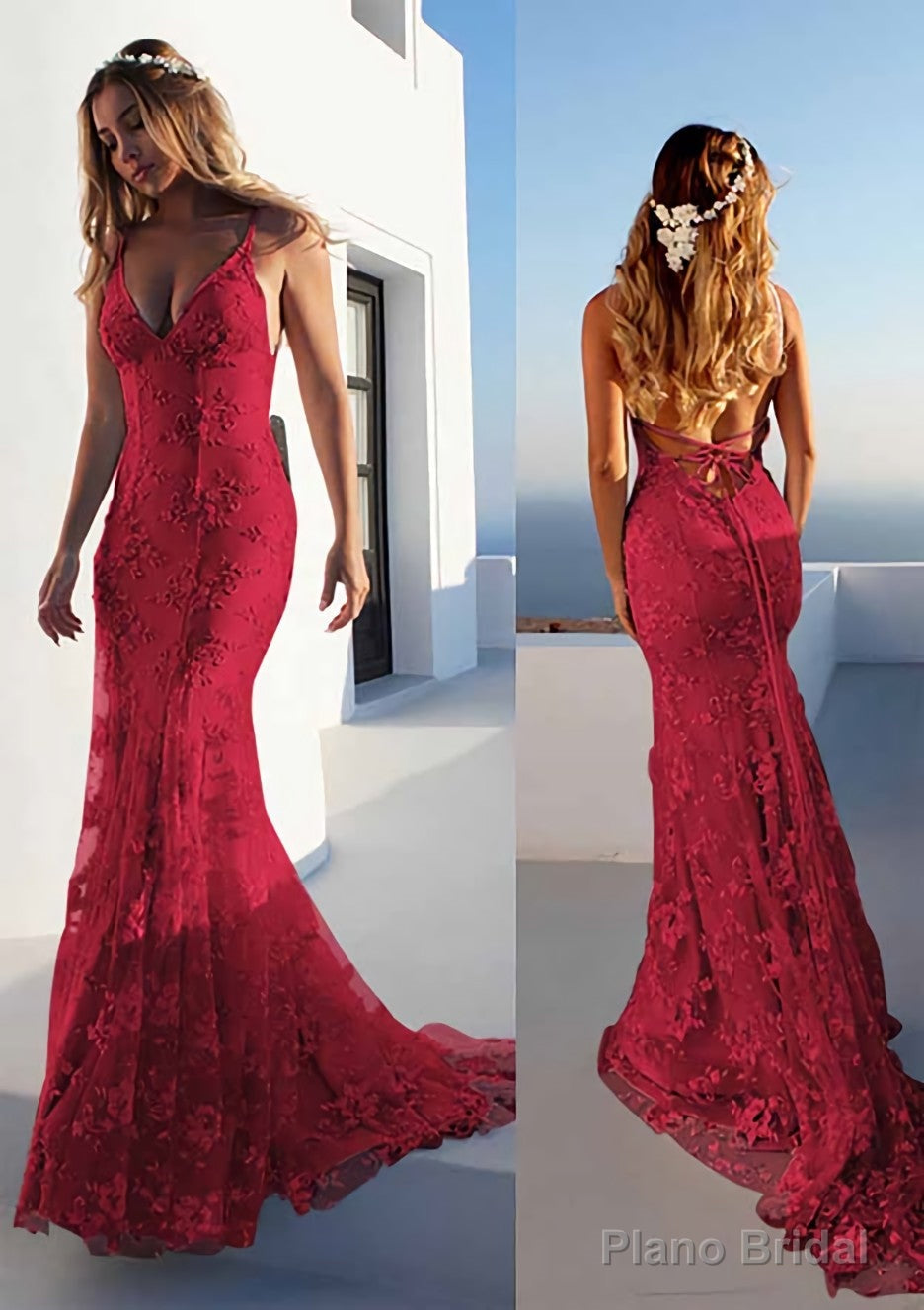 Trumpet/Mermaid Spaghetti Straps Court Train Lace Prom Dresses