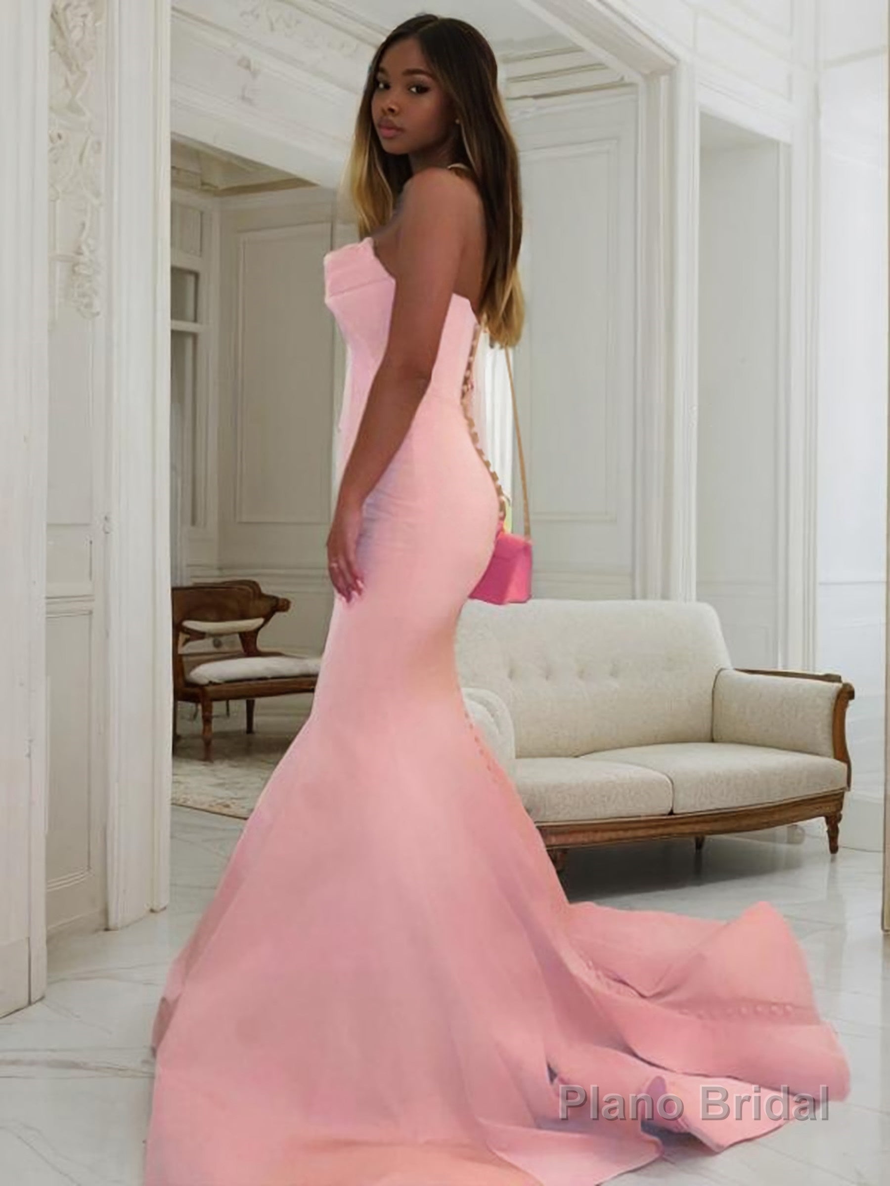 Trumpet/Mermaid Strapless Sweep Train Charmeuse Prom Dresses With Ruffles Secondary image