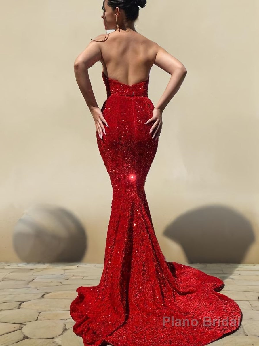 Trumpet/Mermaid Sweetheart Court Train Velvet Sequins Prom Dresses With Ruffles Secondary image