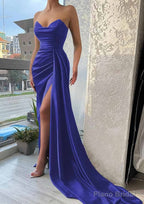 Trumpet/Mermaid Sweetheart Strapless Court Train Satin Prom Dresses With Pleated Split
