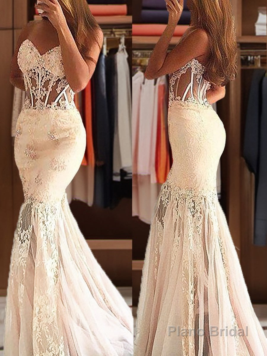 Trumpet/Mermaid Sweetheart Sweep Train Tulle Prom Dresses With Appliques Lace Main image