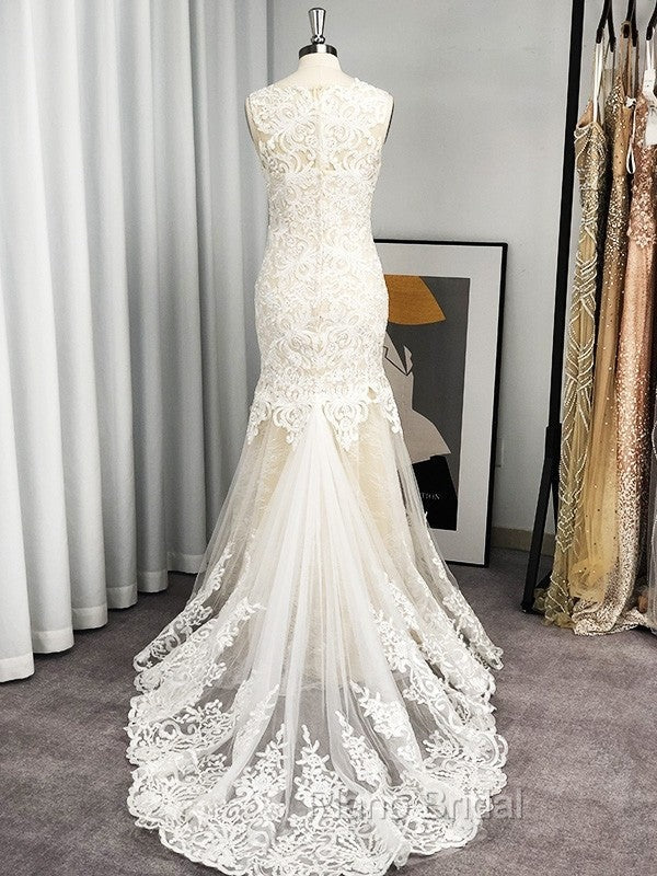 Trumpet/Mermaid Tulle Applique Scoop Sleeveless Sweep/Brush Train Wedding Dresses Secondary image