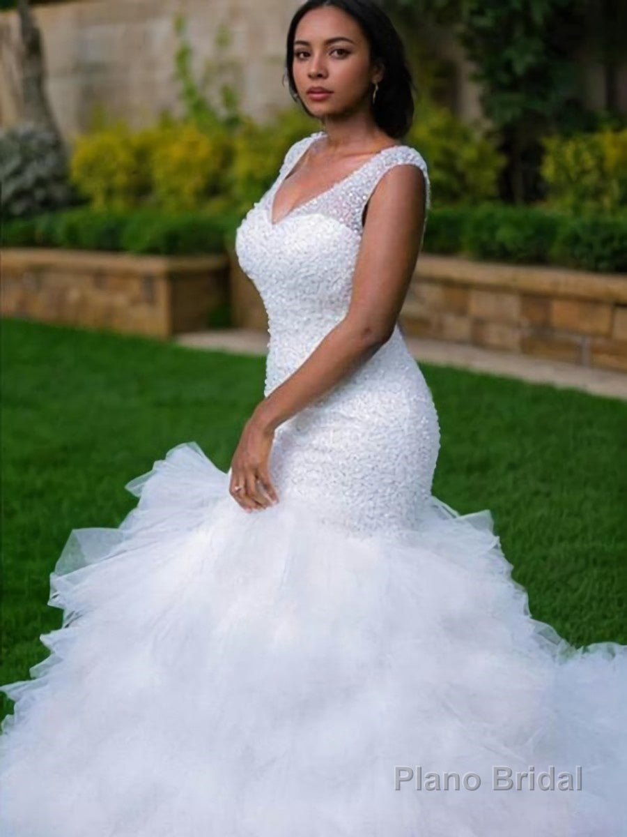 Trumpet/Mermaid V-neck Cathedral Train Tulle Wedding Dresses With Beading Main image