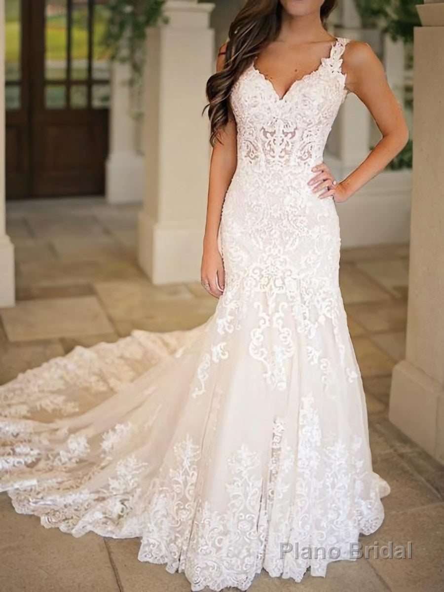 Trumpet/Mermaid V-neck Chapel Train Tulle Wedding Dresses With Appliques Lace Main image