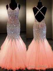 Trumpet/Mermaid V-neck Floor-Length Tulle Formal Prom Dresses With Rhinestone