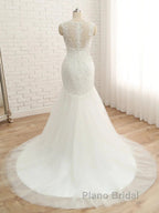 Trumpet/Mermaid V-Neck Sleeveless Applique With Sequin Tulle Court Train Wedding Dresses