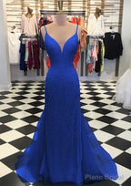 Trumpet/Mermaid V Neck Sleeveless Court Train Lace Tulle Prom Dresses