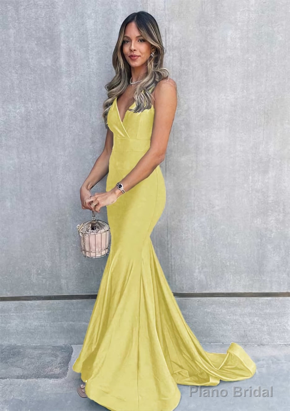 Trumpet/Mermaid V Neck Sleeveless Sweep Train Jersey Prom Dresses