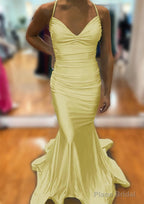 Trumpet/Mermaid V Neck Sleeveless Sweep Train Jersey Prom Dresses With Pleated