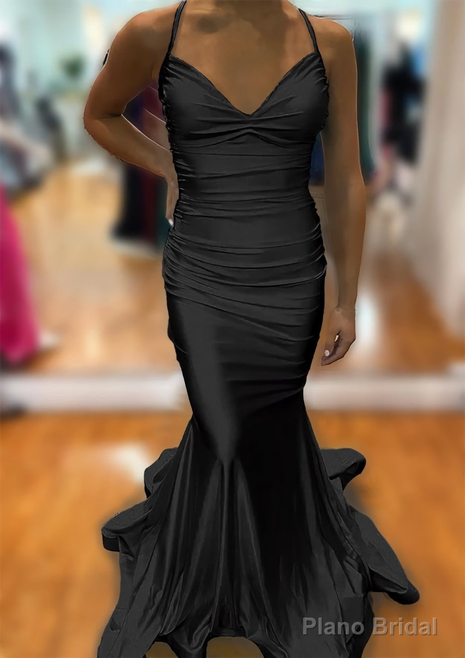 Trumpet/Mermaid V Neck Sleeveless Sweep Train Jersey Prom Dresses With Pleated