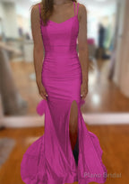 Trumpet/Mermaid V Neck Sleeveless Sweep Train Jersey Prom Dresses With Split Pleated