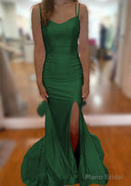 Trumpet/Mermaid V Neck Sleeveless Sweep Train Jersey Prom Dresses With Split Pleated