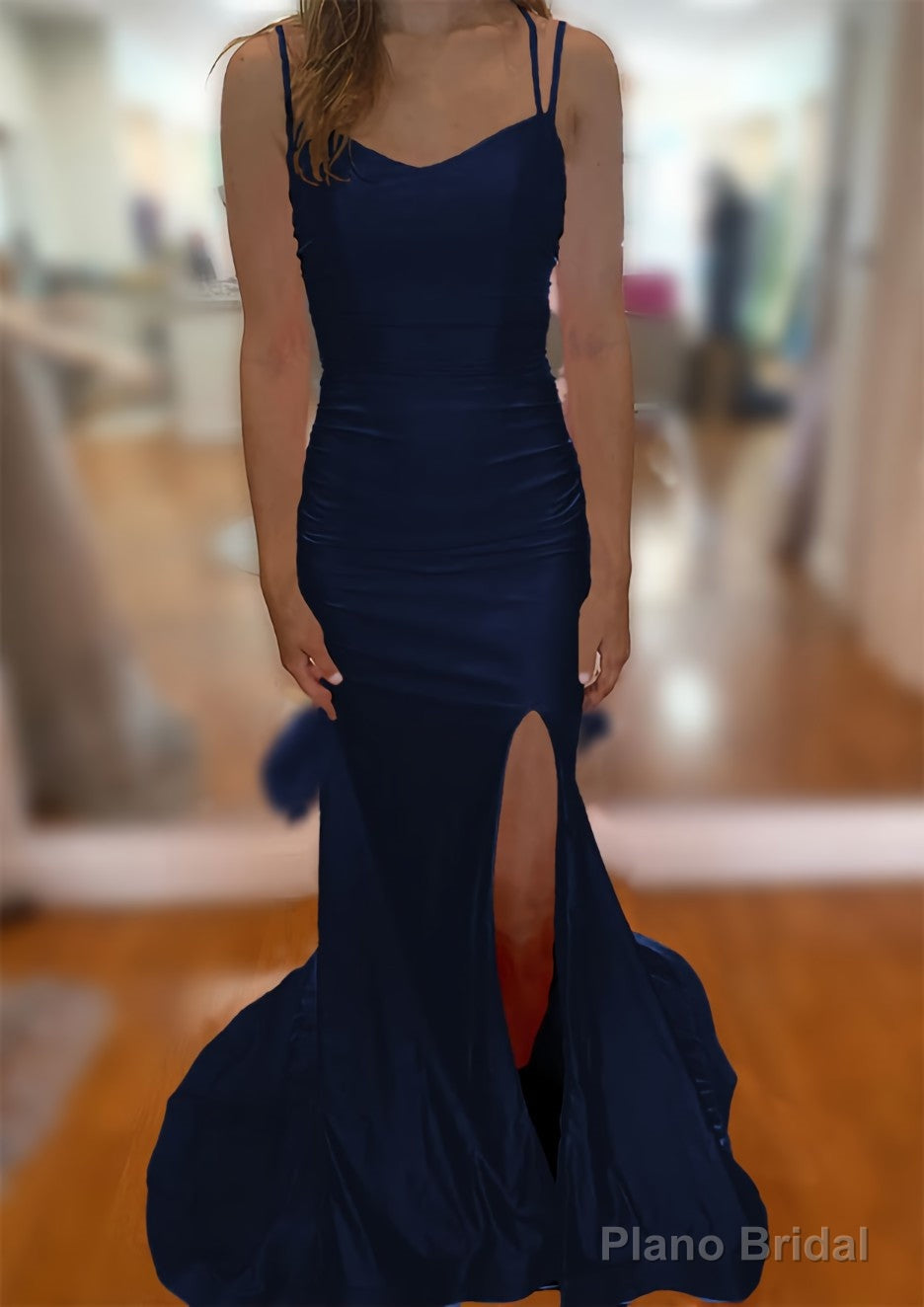 Trumpet/Mermaid V Neck Sleeveless Sweep Train Jersey Prom Dresses With Split Pleated Secondary image