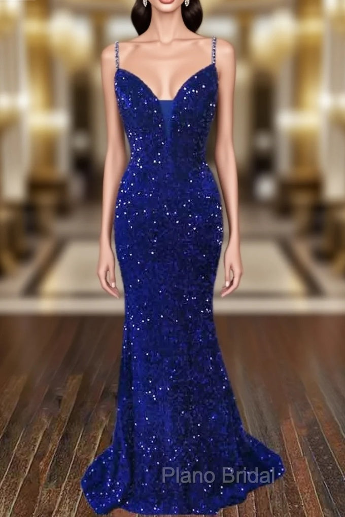 Trumpet/Mermaid V Neck Sleeveless Sweep Train Velvet Sequins Formal Prom Dresses Main image
