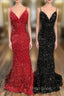 Trumpet/Mermaid V Neck Sleeveless Velvet Sequins Court Train Formal Prom Dresses With Pleated