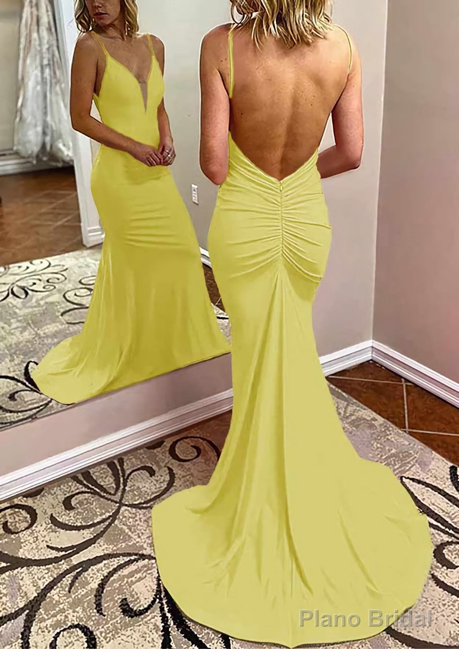 Trumpet/Mermaid V Neck Spaghetti Straps Court Train Jersey Prom Dresses With Pleated