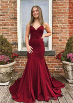 Trumpet/Mermaid V Neck Spaghetti Straps Sweep Train Satin Prom Dresses