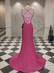 Trumpet/Mermaid V-neck Sweep Train Jersey Formal Prom Dresses