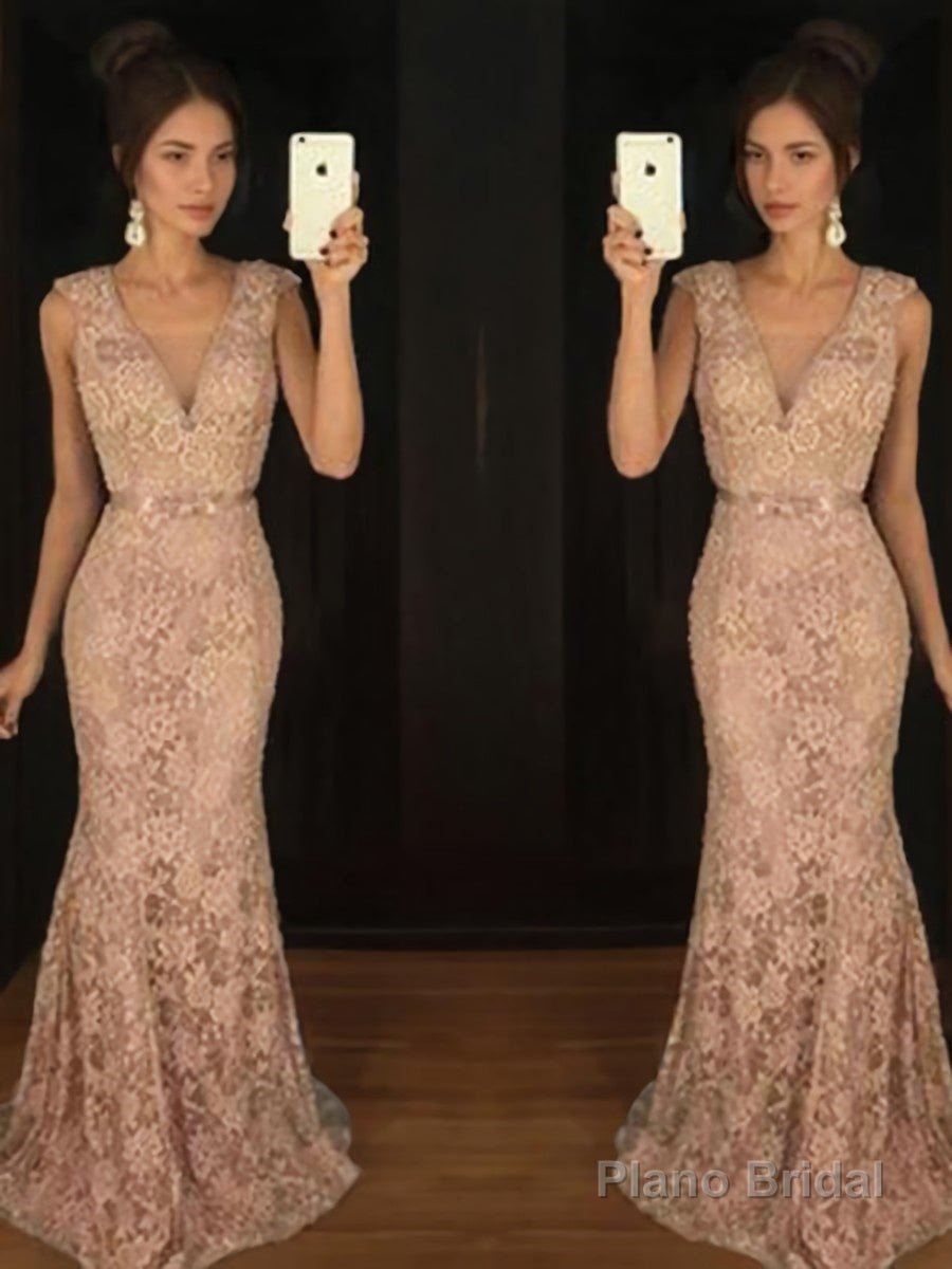 Trumpet/Mermaid V-neck Sweep Train Lace Prom Dresses With Belt/Sash Main image