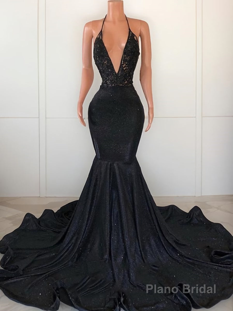 Trumpet/Mermaid V-neck Sweep Train Prom Dresses With Appliques Lace Main image