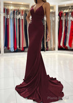 Trumpet/Mermaid V Neck Sweep Train Sleeveless Elastic Satin Prom Dresses