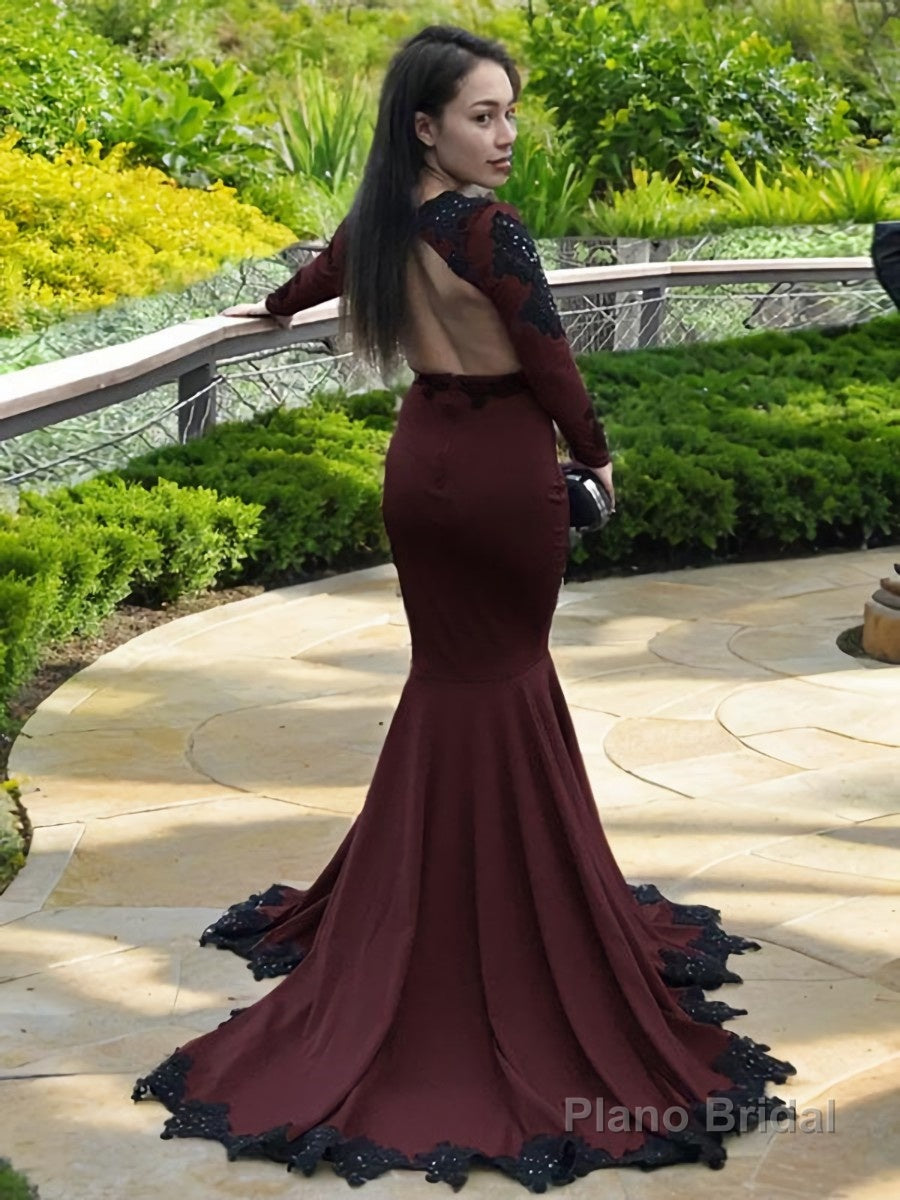 Trumpet/Mermaid V-neck Sweep Train Stretch Crepe Prom Dresses With Appliques Lace Secondary image