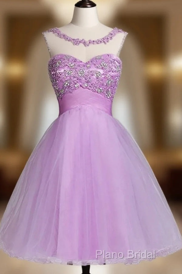 Tulle Appliques Beads Open Back Short Purple Homecoming Dresses Main image