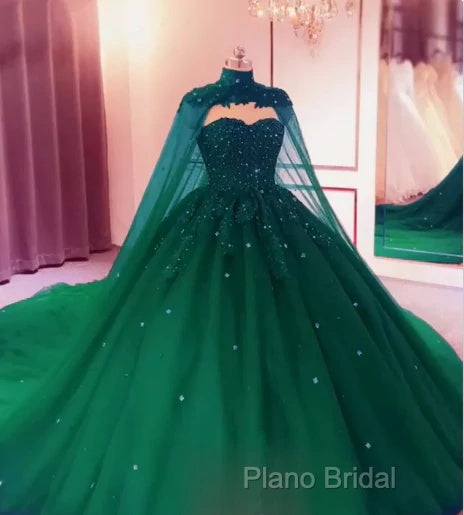 Tulle Ball Gown Emerald Green Quinceanera Dresses Crystals With Cape Free Secondary image