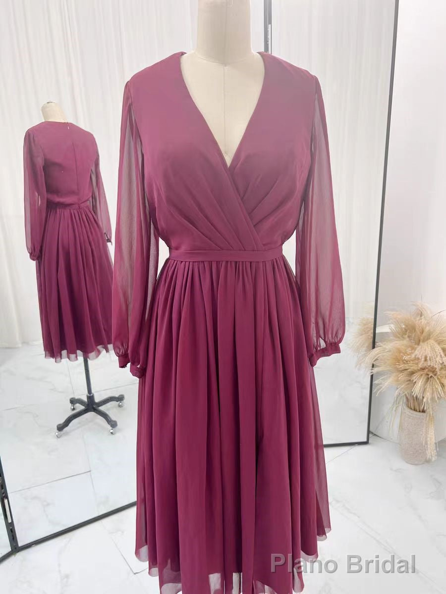 Tulle Burgundy Short Prom Dress With Sheer Sleeves Main image