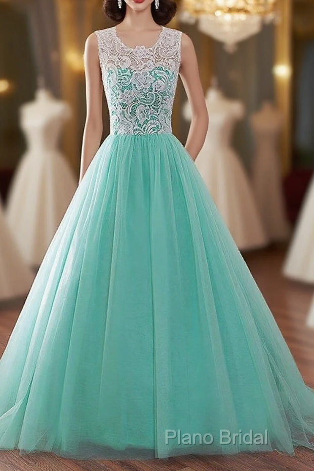 Tulle Buttons Lace Long Green Round Neck Formal Prom Dresses