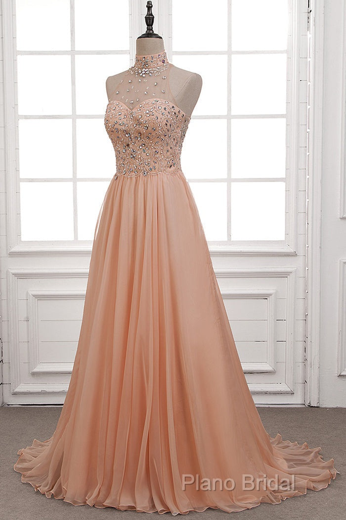 Tulle & Chiffon High Neck Formal Dresses With Beading