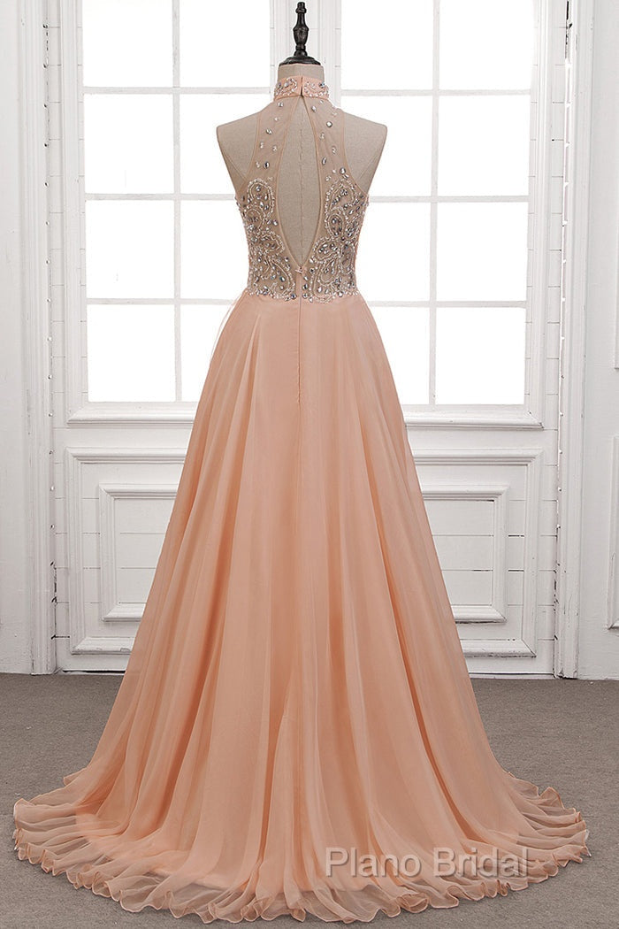 Tulle & Chiffon High Neck Formal Dresses With Beading