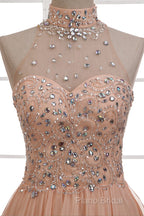 Tulle & Chiffon High Neck Formal Dresses With Beading