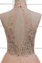 Tulle & Chiffon High Neck Formal Dresses With Beading