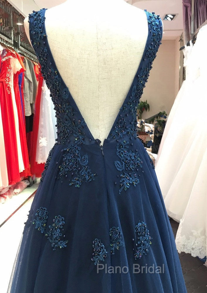 Tulle Dark Navy Formal Prom Dresses A-Line/Princess V-Neck Long/Floor-Length With Beaded Appliqued