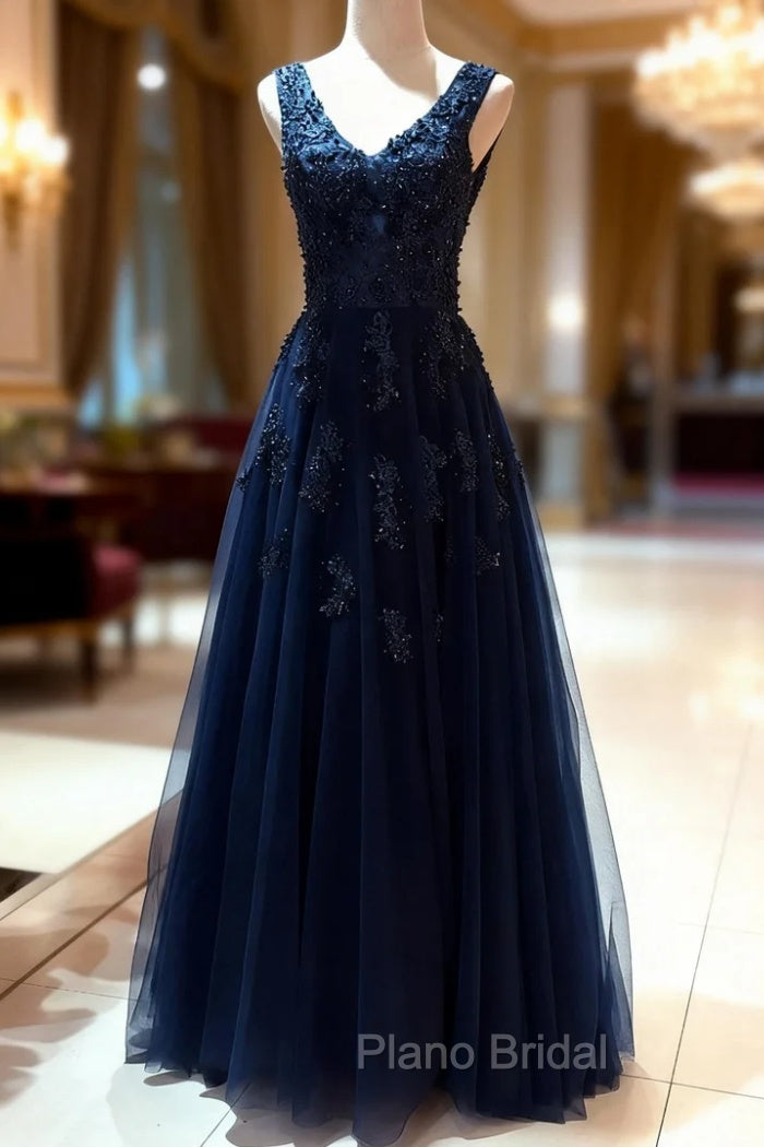 Tulle Dark Navy Formal Prom Dresses A-Line/Princess V-Neck Long/Floor-Length With Beaded Appliqued