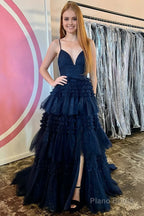 Tulle Deep V Neck Spaghetti Straps Long Prom Dress