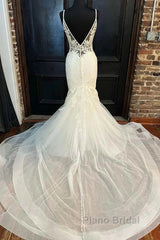 Tulle Floral Lace Trumpet Long Wedding Dresses