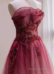 Tulle Gradient with Beaded Long Party Dresses, A-line Gradient Formal Prom Dresses